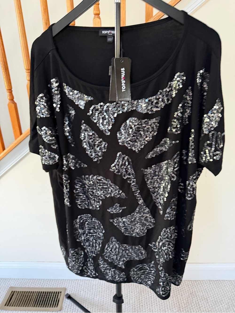 Topshop Black Short-Sleeve Sequin Scoop Neck Tee